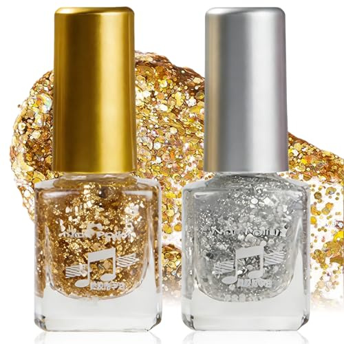2PCS Glitter Nail Polish Set - Gold & Silver Sparkle Nail Varnish Sets, Quick-Dry Long-Lasting Metallic Shimmer, Non-Toxic Art Decoration Gift for Women Lovers