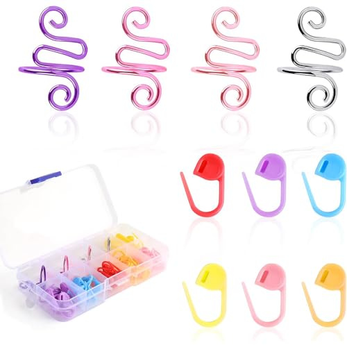 4 Stück Häkelspannungsringe + 60 Stück Maschenmarkierer Set, verstellbare Ringe zur Fadenführung für Handarbeiten, inklusive Aufbewahrungsbox (Geschenk für Häkeln und Stricken)