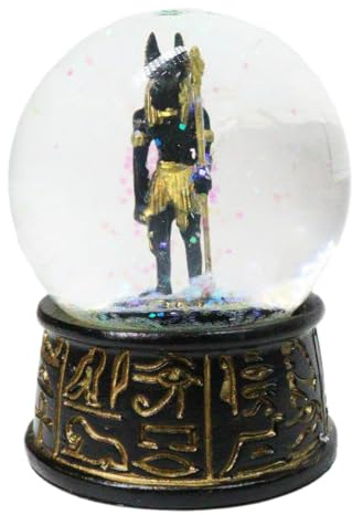 Ebros Black and Gold Ancient Egyptian God of The Underworld Anubis Jackal Dog Glitter Snow Globe 65mm Collectible Figurine with Hieroglyphic Base Small Novelty Water Globes