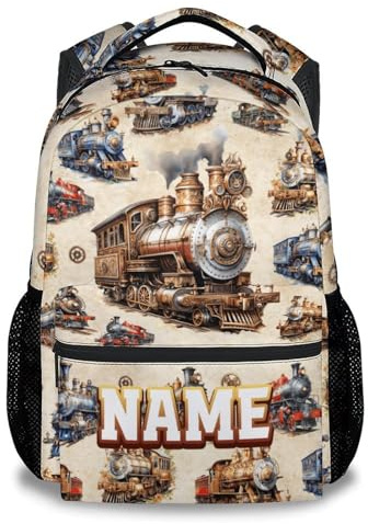 AIOMXZZ Toddler Backpack Personalized Kids Bookbag - Train School Bag for Preschool Kindergarten Boys, 17 Inch Custom Name Elementary Backpacks with Padded Straps