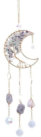 PULaif Cazador de Sol de Cristal, Atrapasueños de Cristal for Ventana, Luna, Árbol de la Vida, Chips de Cristal de fluorita, decoración Colgante