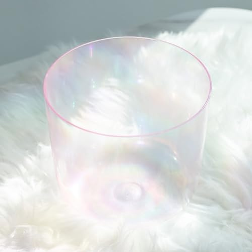 XBTGS Ciotola tibetana in vetro trasparente di colore rosa da 432 Hz per yoga, meditazione e bagni sonori, campana sonora al quarzo per chakra, con martello in camoscio e guarnizione O-ring, 15,2 cm