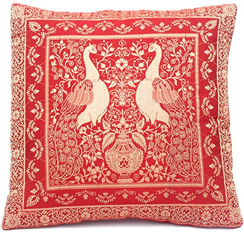 Kashmir Handicrafts ***Rot*** Indische Seide Deko Kissenbezüge 40 cm x 40 cm, Extravaganten PFAU Design für Sofa & Bett Dekokissen, Kissenhülle aus Indien. Angebot gültig Solange der Vorrat reicht