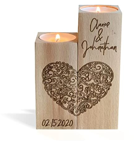 Personalisierter Kerzenhalter aus Holz, Graviertes Herz, Set 2 Teelichthalter mit Namen und Datum, Wunschnamen, Namensgravur Kerzenleuchter, Liebe, Partner Geschenke für Hochzeit Valentinstag
