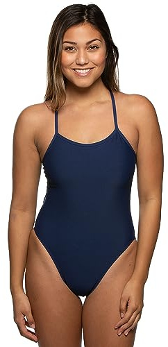 JOLYN Jackson 4 Onesie - Tie Back Women's Athletic One Piece Swimsuit, Medium-Full Coverage Bathing Suit for Competitive Swimming, Water Polo, Lifeguarding, Paddling, (Navy, 34)