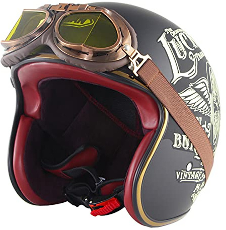 3/4 Motorradhelm Unisex Open Face Helm Retro Motorrad Half Face Helme Für Männer Frauen Mit Sonnenblende DOT/ECE Zugelassen Für Scooter Moped Jet Pilot Crash Helm,Lucky,L