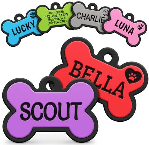 GoTags Silicone Dog Tags, Soundless Pet Tag, Personalized Silent Tag Engraved for Pets with Cute Custom Designs, for Dogs and Cats, (Bone, Purple)