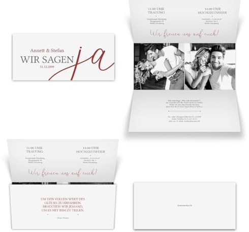 Kartenmachen.de Personalisierte Hochzeitseinladungen 10 bis 100 Stück, Einladungskarten zur Hochzeit DIN Lang Wickelfalz mit Foto individuell - Wir sagen Ja