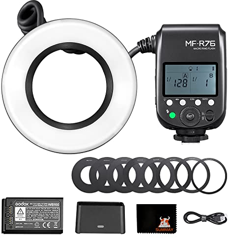 GODOX MF-R76 Flash de Anillo Macro 7.2V / 2600mAh Tubos de Flash A/B con batería 10 Niveles Speedlite de Ajuste de Brillo para Nikon Sony Canon Fuji DSLR Camera Macro Photography