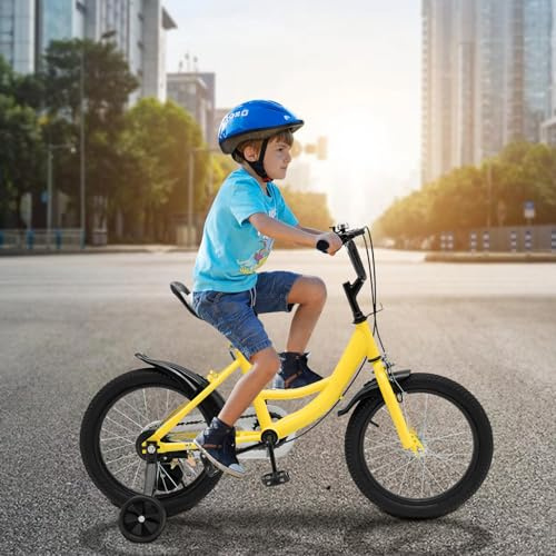 LENJKYYO 16 Zoll Kinderfahrrad für Jungen/Mädchen Kinder Fahrrad mit Stützräder 3 Rad Kinderrad Gelb Kinderfahrrad ab 4-8 Jahre Kinder fahrräder Höhenverstellbar