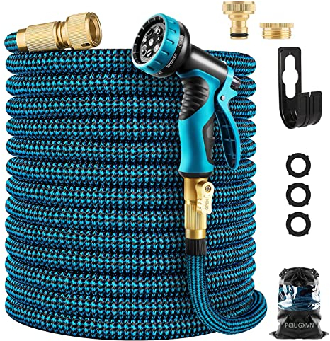 Expandable Garden Hose, Flexible Water Hose with 10-Pattern Spray Nozzle, Leak-Proof Retractable Heavy Duty Hose Pipe, 4-Layer Latex Core, Durable 3750D, Brass Alloy Connector, Kink-Free (100FT, Blue)