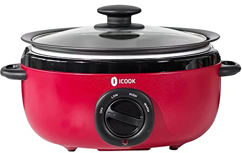 ICOOK Mijoteuse USC-35-OP001RD en aluminium, passe au lave-vaisselle, couvercle en verre, température réglable, chauffe-aliments, rouge
