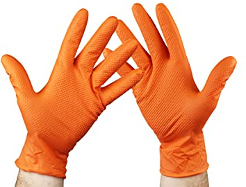 KMINA Nitrile Gloves (x50 Units), High Density Diamond Grip, Latex & Powder Free, Mechanic Gloves Extra Thick & Super Strong, Orange (XL)