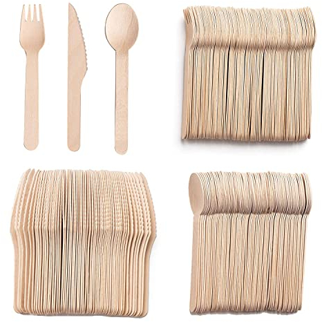Couvert Jetable, 300 Pièce Couverts Jetables, Biodégradable Couvert en Bois, Fourchette en Bois, Cuillère en Bois, Couteau en Bois, Couverts de Table Jetables Convient pour Fêtes Mariages Pique Niques