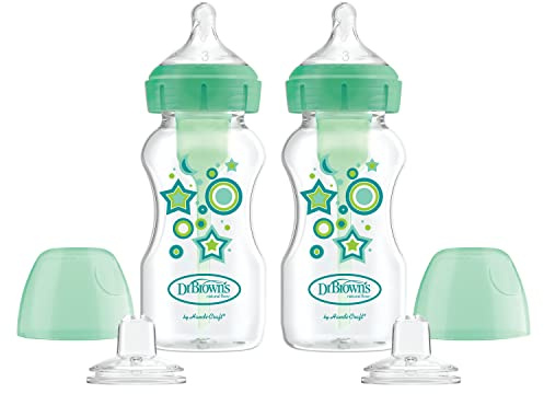 Dr. Brown’s Natural Flow® Anti-Colic Options+™ Wide-Neck Sippy Bottle Starter Kit, 9oz/270mL, with Level 3 Medium-Fast Flow Nipple and 100% Silicone Soft Sippy Spout, 2 Pack, Green, 6m+