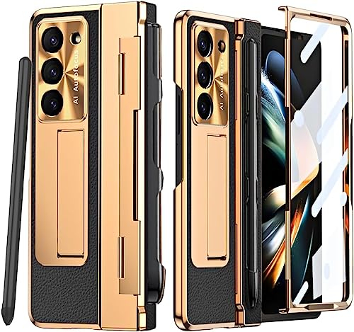 Miimall Hülle Kompatibel mit Samsung Galaxy Z Fold 5 Hülle mit S Pen, Luxus Leder PU+PC Case mit Stift Halter + Displayschutzfolie + Ständer Scharnierschutz Hülle für Samsung Z Fold 5 5G -Schwarz