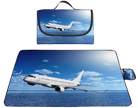 TengYuer Picknickdecke 180x200cm Stranddecke Wasserdicht Sandfrei Isoliert Faltbar Strandmatte mit Tragegriff Outdoor Campingdecke XXL für Camping Parks Strände Picknick Blauer Himmel Flugzeug
