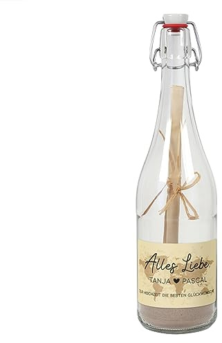 Herz & Heim® Flaschenpost mit personalisiertem Etikett und Füllung/Geschenkidee für viele Gelegenheiten Alles Liebe - Weltkarte