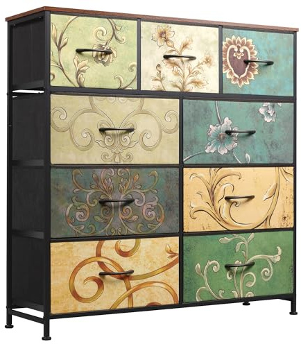 WLIVE 9-Drawer Dresser, Fabric Storage Tower for Bedroom, Hallway, Entryway, Closet, Tall Chest Organizer Unit with Fabric Bins, Steel Frame, Wood Top, Easy Pull Handle, Floral Painted
