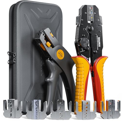 BAURIX® Set di Pinza Crimpatrice con 6 Ganasce Intercambiabili e Spellacavi Elettrici, Crimpatrice Capicorda, Crimpatrice Puntalini, Pinza Faston, Set Pinze Professionali o per il Fai-da-te