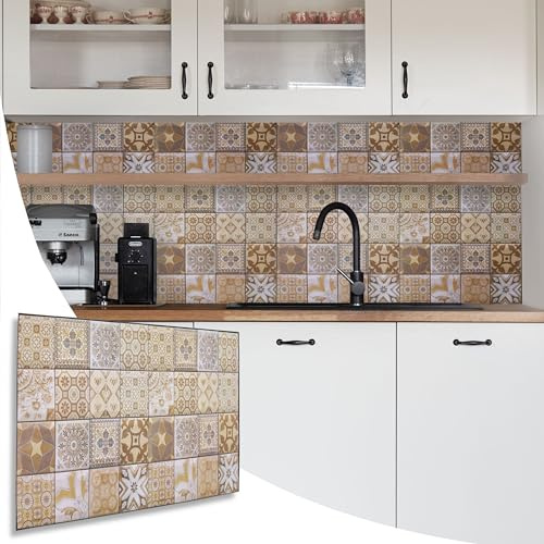 NOVECRAFTO Mediterranean Design 3D Wall Panels - 10 Sheets 49.6 sqft (4.61 sqm) Decorative PVC Plastic Cladding Panel Size 37.79 x 18.89 in (96x48 cm) – Brown & Beige Mediterranean Tile Pattern