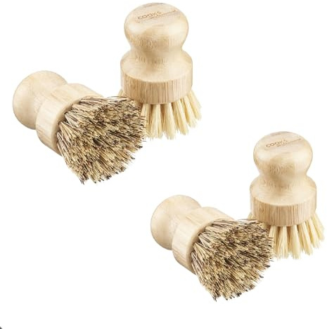 Cooks Professional Set of 4 Bamboo Pot Brushes | Eco Friendly Plastic Free Washing Up Brush | 2 of Each Soft & Hard Sisal Bristles | Kitchen Bathroom Home Scrubbing Brush Cleaning Tools