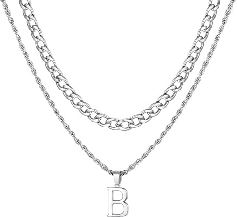 VCCKNB JEWELRY Collares iniciales para hombres, collar de letras A-Z 316L Collar de alfabina de enlace cubano de acero inoxidable Collar colgante de alfabé para novio Valentín regalo de San Valentín