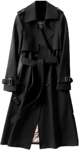 Goolecrimp Women's Windbreaker Double-Breasted Casual Coat Spring and Autumn Jacket Long Lapel Solid Color Coat Business Leisure Fashion Trench Coat (Black,S)