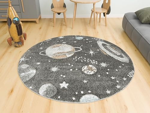 AKCILA Lima Runden Kinder Teppich 120 cm, Kinderzimmer Kurzflor Teppiche, Kinderteppich Mädchen, Jungen, Kids Carpet, Spielteppich Kinder Babyzimmer Tepich, Kosmos, Planeten,Wohnzimmer Teppich