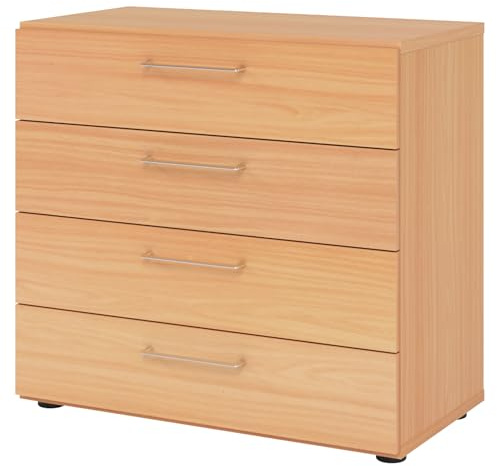 bümö smart Schubladenschrank, Büroschrank 80cm breit in Buche mit 4 Schüben - Bürocontainer aus Holz, Container mit Metallgriffen & Soft-Stop Schubladen