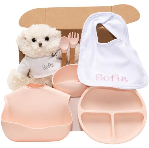 Regalo ecologico personalizzato per bambini | stoviglie in silicone e bavaglino ricamato con nome + biologico | fatto a mano in Spagna (Rosa | Set di Piatti + Bavaglino + Orsetto) | BebeDeParis