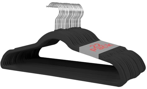 Wellong Kleiderbügel Samt, 42 cm rutschfeste Filz Bügel, Stabile Anzugbügel mit Schulterkerben, Platzsparende Kleiderbügel für Mäntel, Hosen, Silbe, 22 Stück – Schwarz