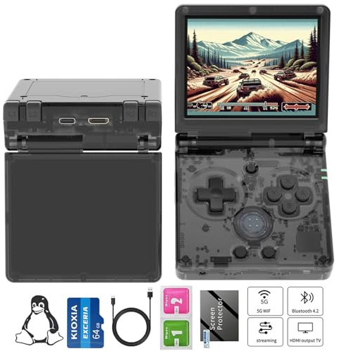RG35XXSP Handheld Game Console RG35XX SP Clamshell Retro Game Console with 64G TF Card Preloaded Games 5532 Portable Gaming Console with 3.5 inch Screen 3300mAh Battery 5G WiFi Bluetooth HD Black