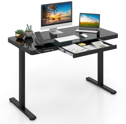 LIFEZEAL Elektrischer Stehschreibtisch, Höhenverstellbarer Computertisch 120 x 60 cm, Sitz- und Steh-Schreibtisch mit Schublade & Glasoberfläche, Bürotisch mit USB-Anschluss & Typ-C (Schwarz)