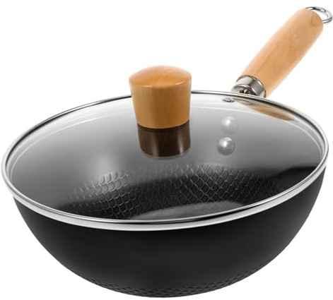 PRETYZOOM Sartén Wok de Cocina Antiadherente 20 Cm Hierro con Tapa de Vidrio Multifunción para Estufa de Gas y Eléctrica Uso Doméstico 1 Set
