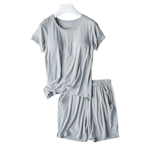 Ensembles de pyjama femme Pyjama en coton Femme Pijamas femmes coussin de poitrine à manches courtes ensemble de Pyjamas grande taille soutien-gorge-tasse Short ample ensemble de vêtements de nuit(Gre