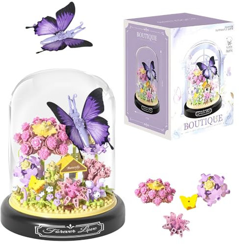 Dhqkqg Blumenstrauß Bausteine Set, Blumen Insekten Klemmbausteine, Kunstpflanzen Bausteine für Erwachsene, Unsterblicher Blumenstrauß Baustein mit Schutzhülle, Geschenk für Mama Freundin (Lila)