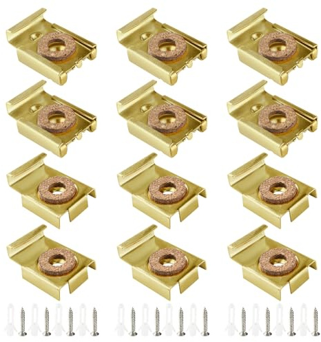 VooGenzek 3 Ensembles (12 Pièces) Kit de Montage Mural en Verre, Clips de Suspension à Miroir, Clips de Montage Miroir, Fixation Miroir Mural, avec Chevilles et Vis, pour Miroir, Or