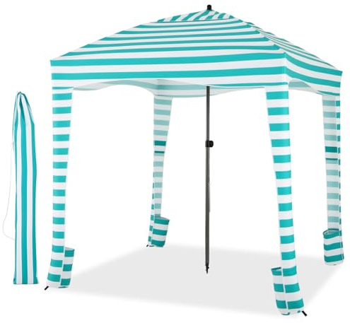 GOPLUS Sonnenzelt Strand, 183x183x240cm Strandzelt höhenverstellbar mit Abnehmbarer Seitenwand, 8 Sandsäcken & Tragetasche, Sonnenschutz für Camping Picknick Angeln (Grün+Weiß)