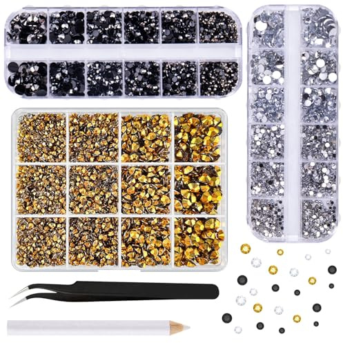 ASTARON Negro y Oro Resina Piedras de imitación para Crafting, 2mm-6mm Gemas de Reverso Plano AB Bedazzling Diamantes para Uñas, Vasos, Tazas Decoración