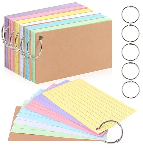 300 Pcs Flash Cards, A7 Ruled Revision Cards with Kraft Paper, Index Cards with 6 Metal Binder Rings, Cue Cards for Office, School, Home Study Records