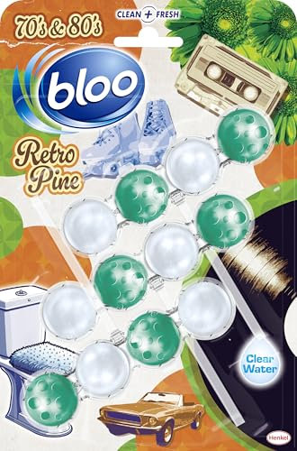 Bloo Toilet Rim Block Retro Pine (50g), Clear Water Toilet Rim Block with Fresh Pine & Mint Scent, with Anti-Limescale Formula, Pack of 3 Rimblocks