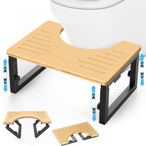 Klappbar Bambus Toilettenhocker für Erwachsene, Höhenverstellbarer, Ergonomischer WC Toilettenhocker, Tritthocker mit Anti-Rutsch-Pads, Stuhlgang Hocker für Hämorrhoiden Verstopfung Blähungen