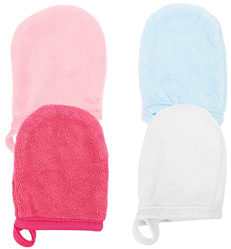 WEKADRIN Makeup Remover Mitts Random Color for Gentle Facial Cleansing Face Wash Gloves 4pcs Microfiber with Hanging Hole Design, Washable and Reusable Skincare