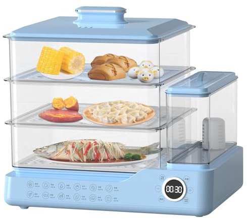 Vaporiera elettrica per alimenti, fornello a 3 livelli da 24 litri con serbatoio dell'acqua da 1,5 l, prenotazione 24 ore, vapore veloce in 5 secondi, prevenzione delle bruciature a secco, 800 W per