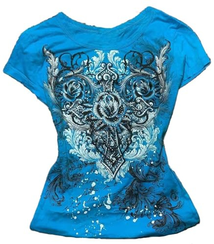 T-shirt för tonårsflickor, y2k, grafisk, grunge, vintagestil, emo-kläder, rund hals, v-ringad, kort ärm, ”fairy grunge”, estetisk sommartopp, BLÅ, M