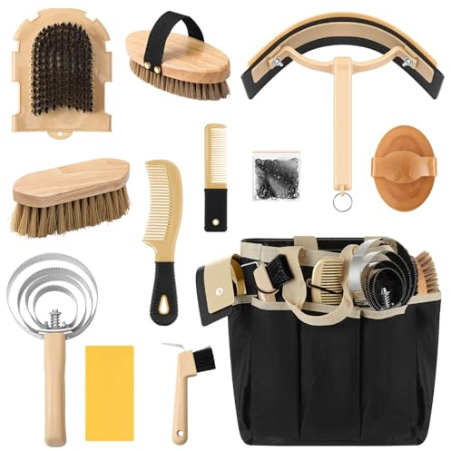 Abbylike 12-teiliges Pferdepflege-Set mit Organizer-Tragetasche und Bürstensets für Turnierpferde am Derby-Tag – Professionelle Werkzeuge für Pflege und Massage (Khaki und Schwarz)
