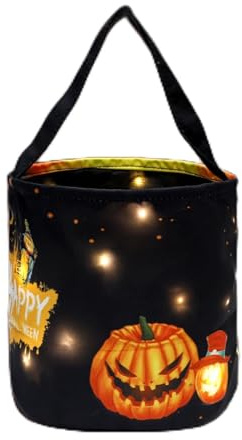 Halloween Trick or Treat Candy Bags LED Light Up Pumpkin Bucket, Collapsible Reusable Candy Basket, Fabric Gift Goody Bags for Kids Halloween Party (Black)