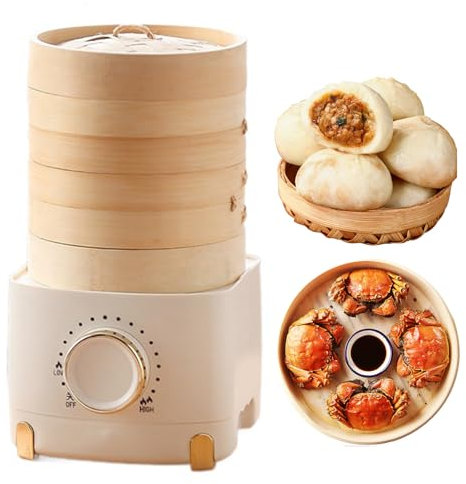 Cuiseur vapeur électrique en bambou à 3 niveaux, 350 W, pour légumes, boulettes et viandes, avec pot de 800 ml et bouton de contrôle réglable, design facile à nettoyer