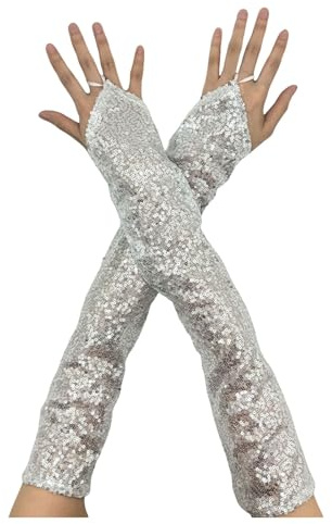 TIMIYUYU Glitzer Fingerlose Handschuhe Damen Pailletten Handschuhe Abendhandschuhe Ellenbogen Lange Glänzend Tanzhandschuhe Hochzeit Braut Armstulpen für Abschlussball Karneval Halloween (One Size)